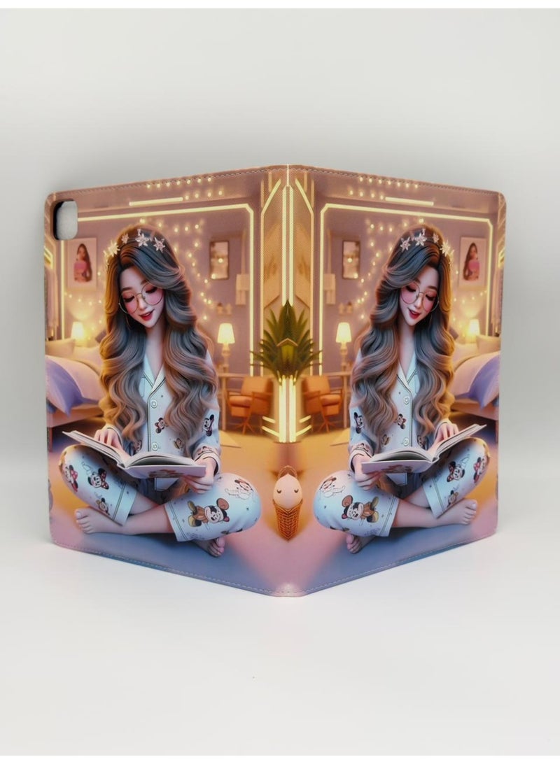 Cat - Cot Cute Aesthetic Girl Reading Illustration Folio Case for iPad Pro 13-inch (2024 Release) | Slim Smart Trifold Stand Cover with Auto Sleep/Wake - Cozy Bedroom Art Design - Image 3